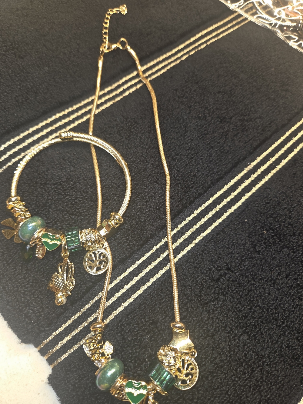 Gold-Tone Green Charm Necklace and Bracelet Set